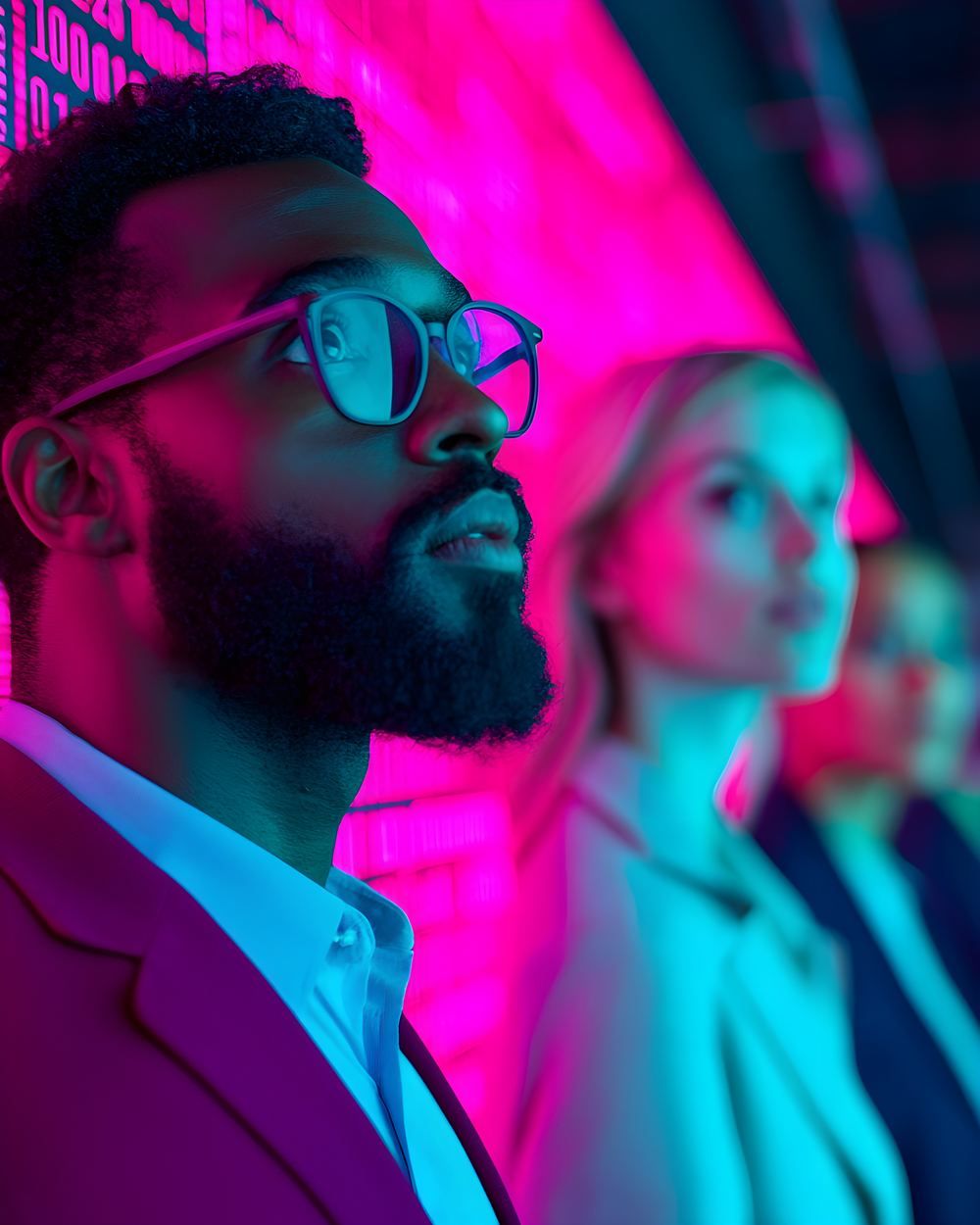Professionals in a futuristic digital environment