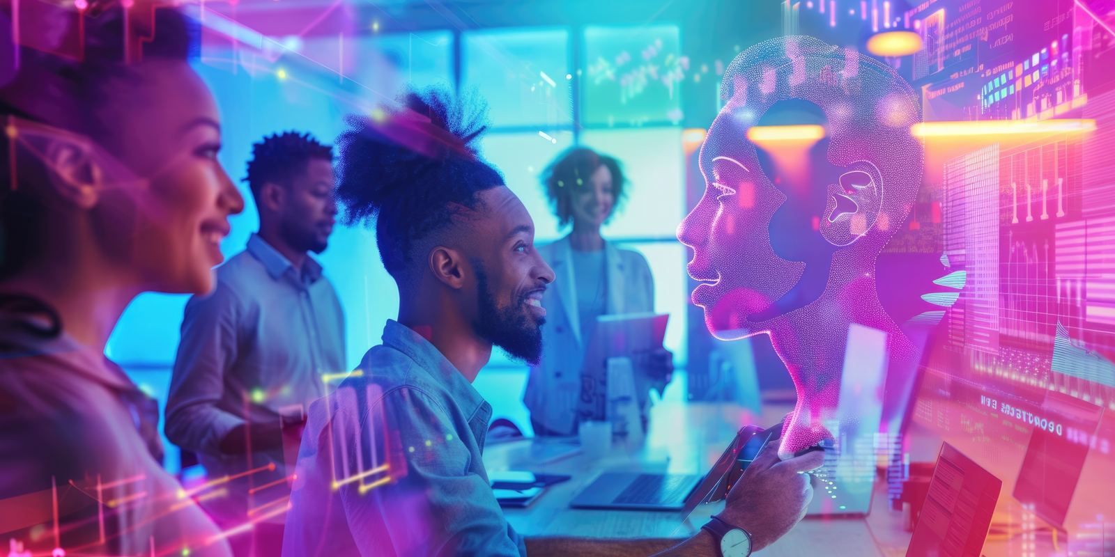 Team presenting strategies with AI holograms